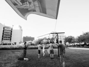 All hands on deck to install the sheets in the strong winds that day!